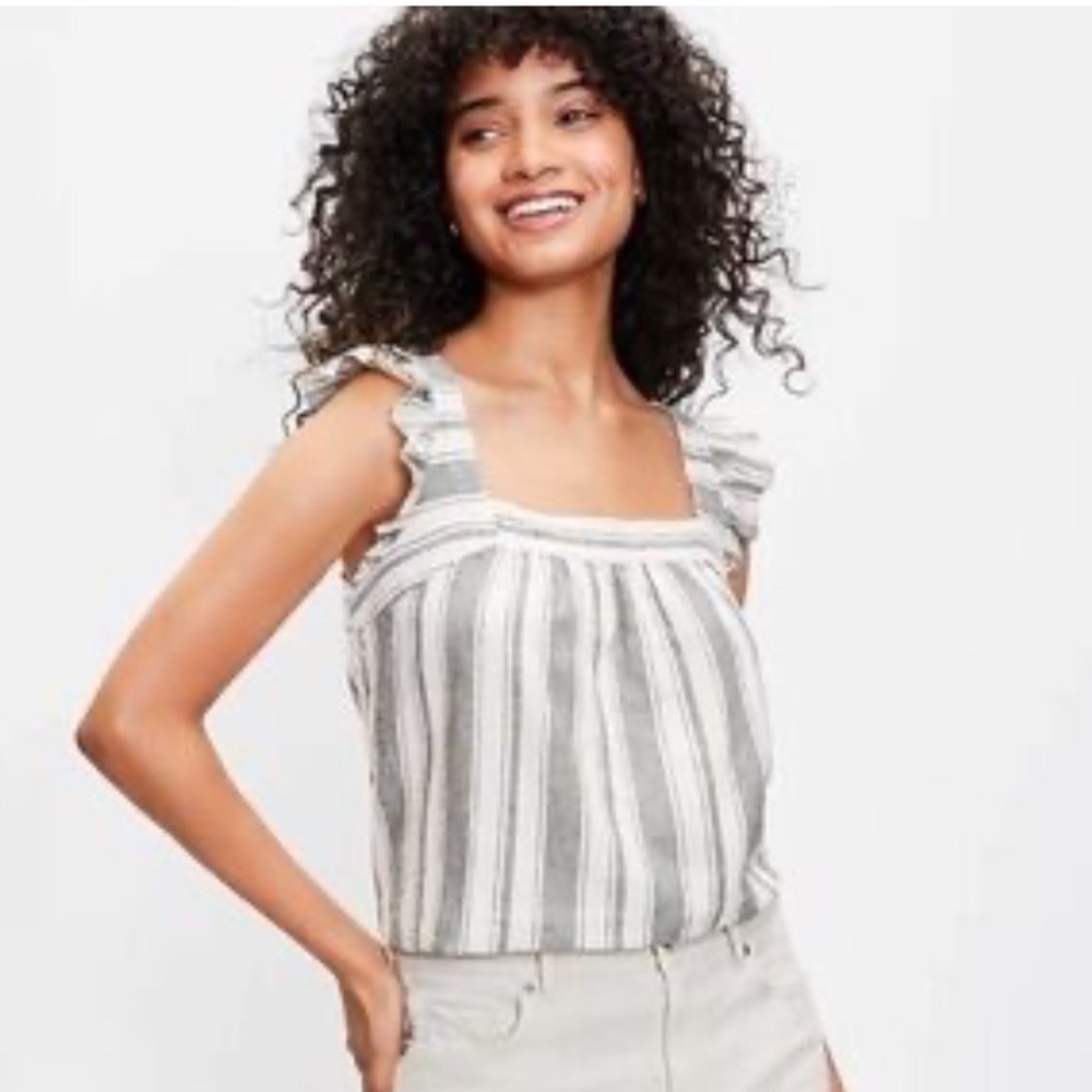 LOFT Womens XS Striped Ruffle Strap Linen Blend Tank Top Grey White Square Neck